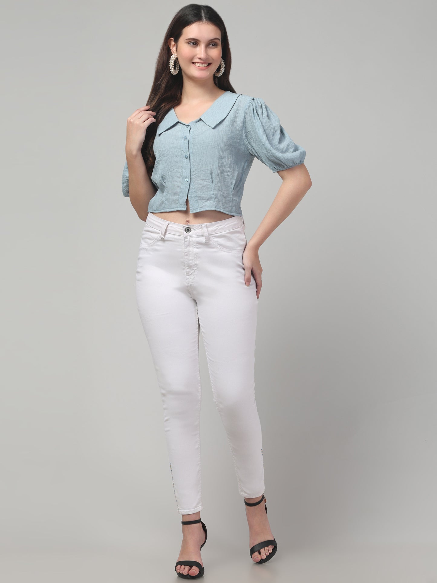 Sky Blue Half Sleeve Crop Top For Womens