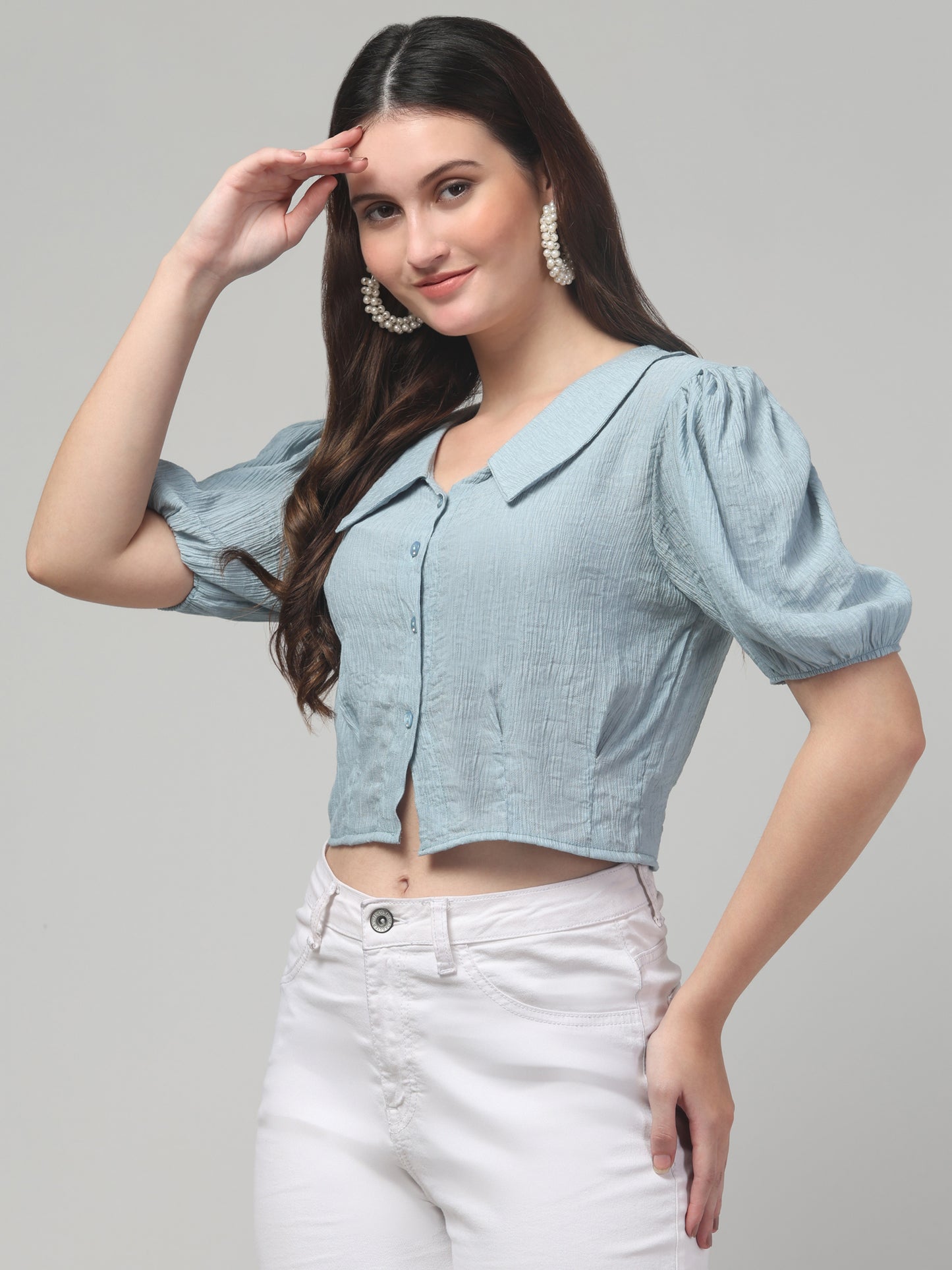 Sky Blue Half Sleeve Crop Top For Womens