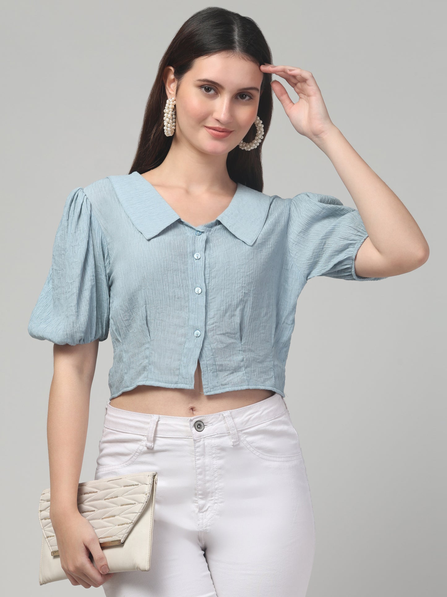 Sky Blue Half Sleeve Crop Top For Womens