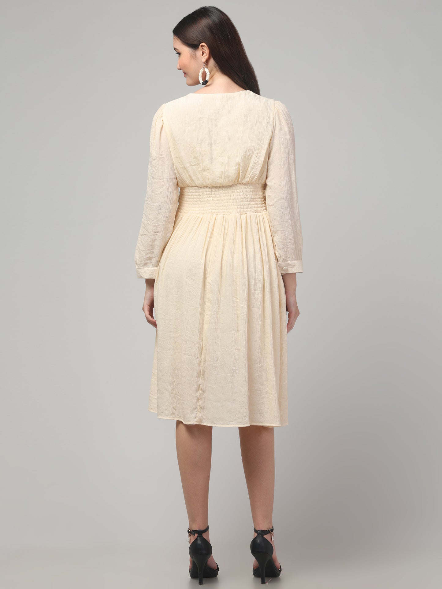 Off White Full Sleeve Midi Flare Dress