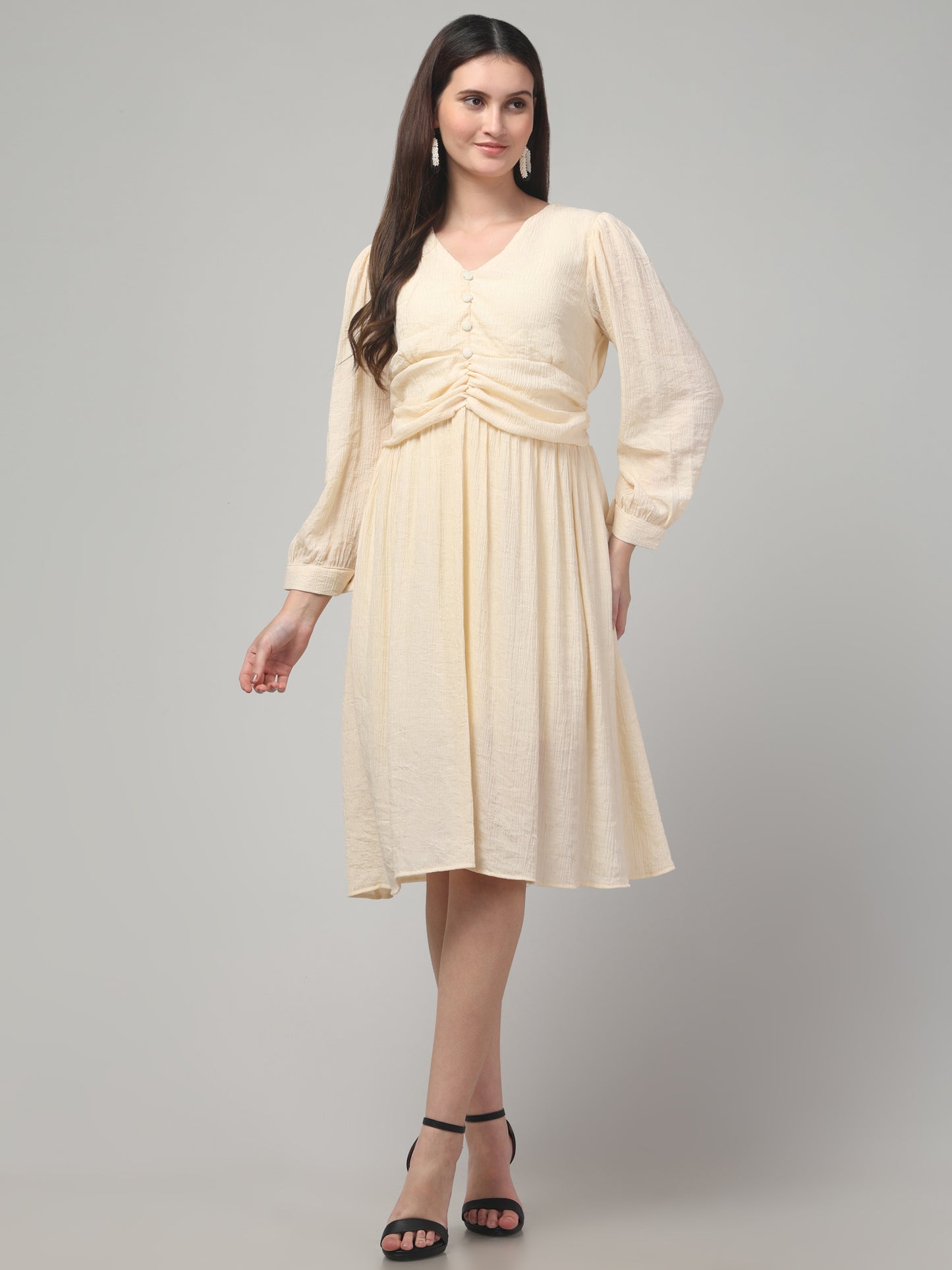 Off White Full Sleeve Midi Flare Dress
