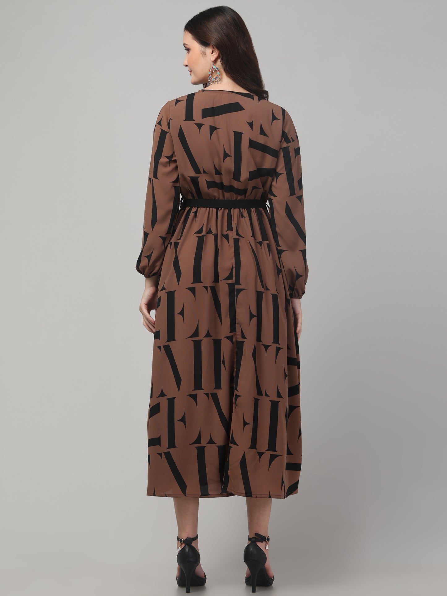 Brown Printed Fancy Dress For Womens