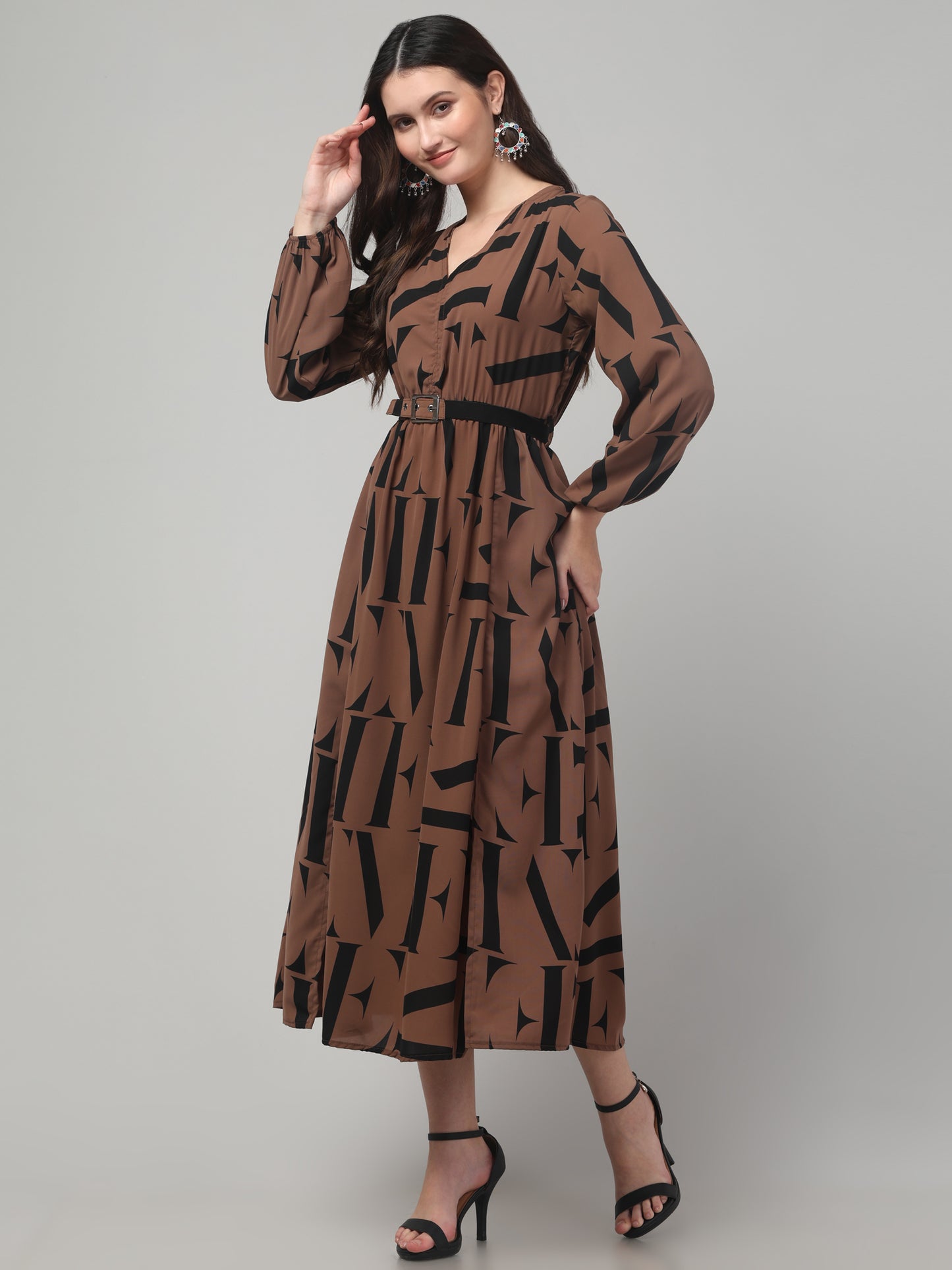 Brown Printed Fancy Dress For Womens