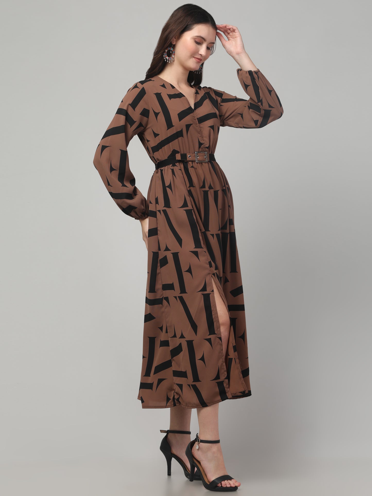 Brown Printed Fancy Dress For Womens