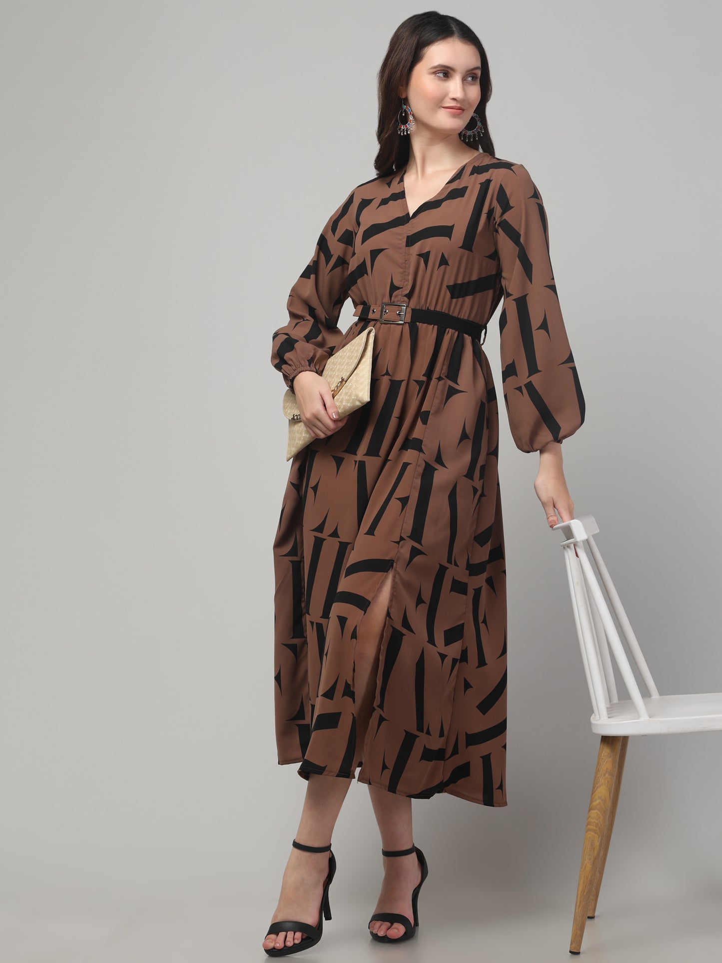 Brown Printed Fancy Dress For Womens