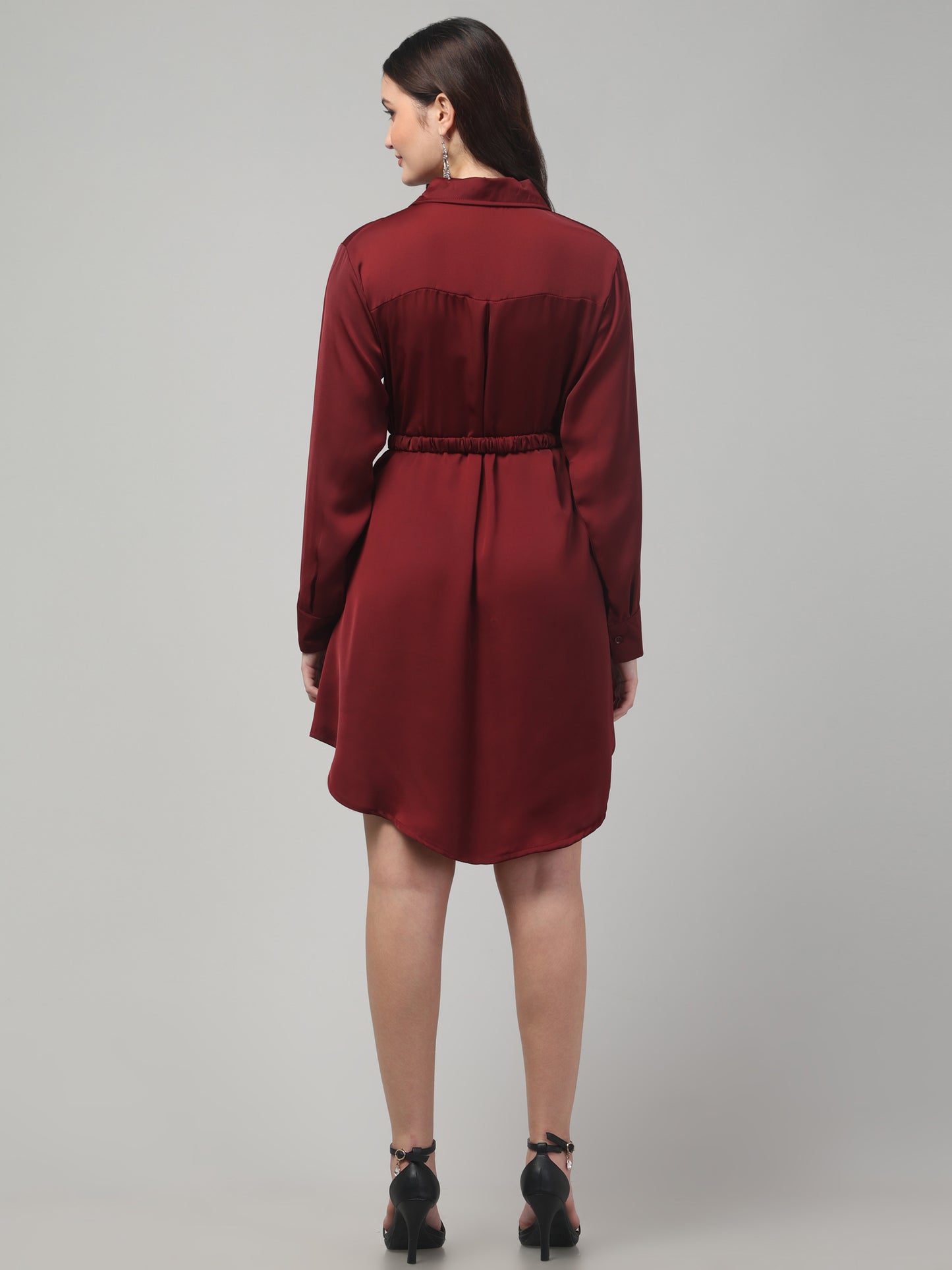 Maroon Shirt Style Dress For Womens
