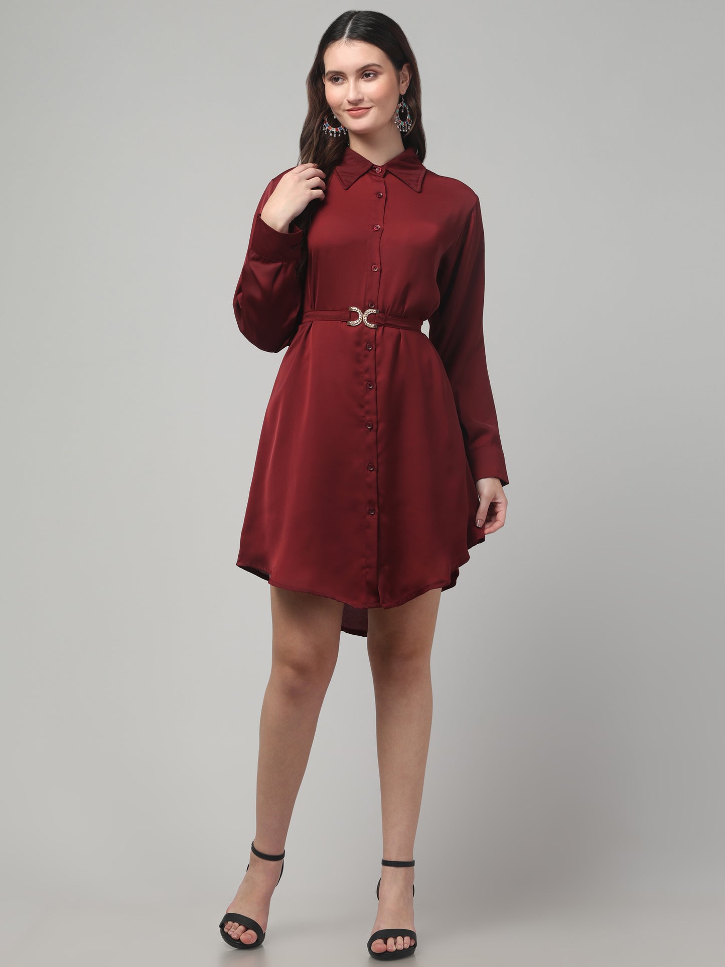 Maroon Shirt Style Dress For Womens