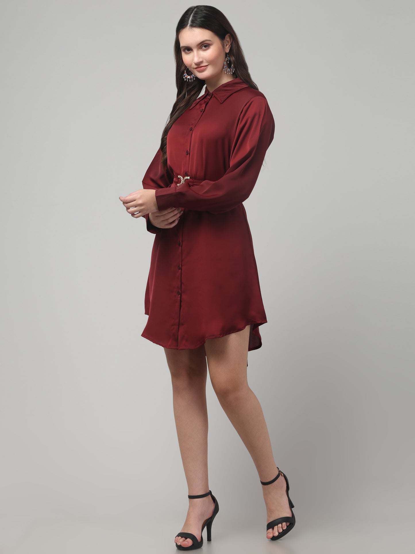 Maroon Shirt Style Dress For Womens