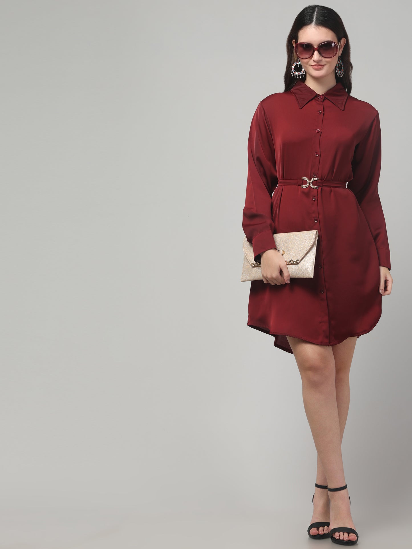 Maroon Shirt Style Dress For Womens
