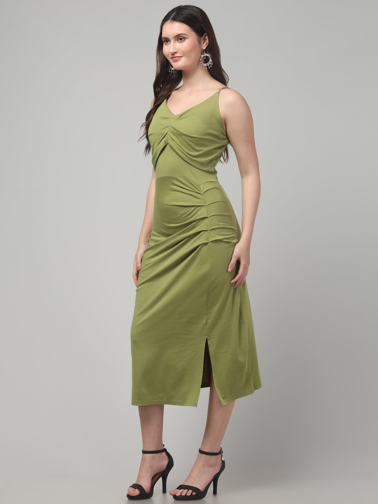 Green Sleeveless Slit Midi Dress For Womens