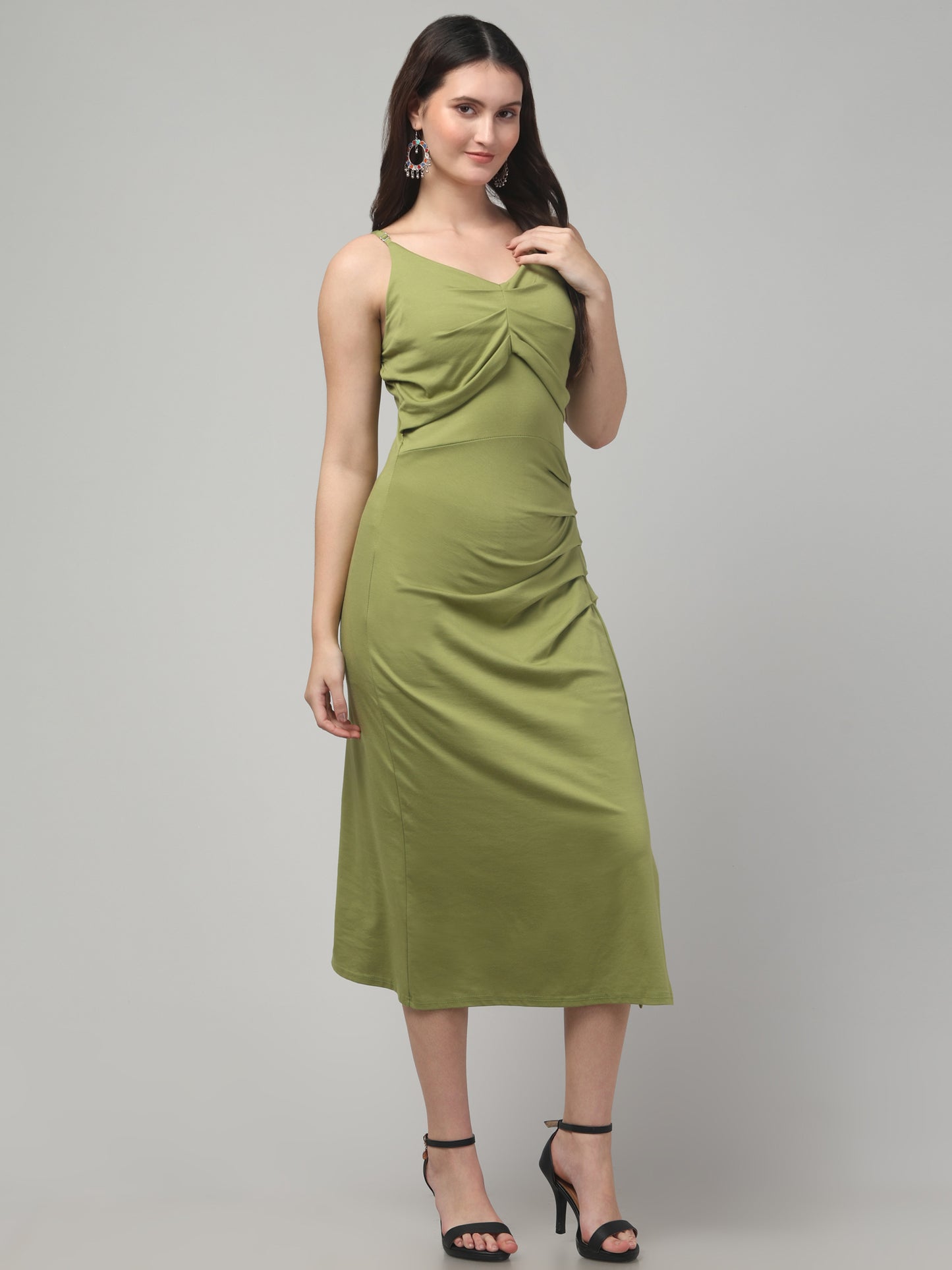 Green Sleeveless Slit Midi Dress For Womens
