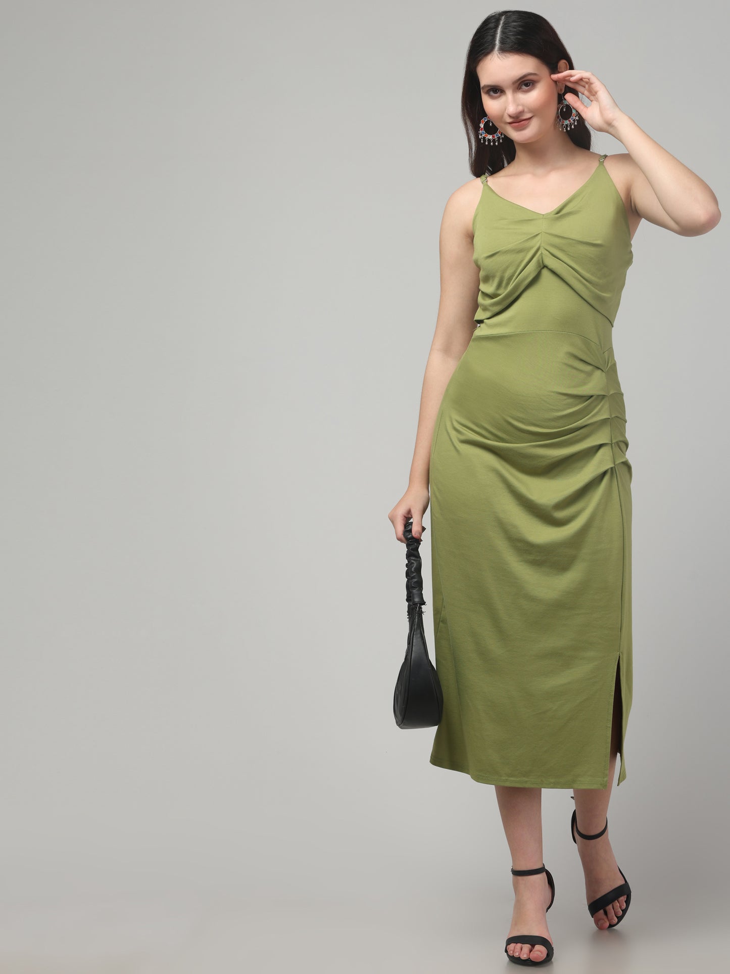 Green Sleeveless Slit Midi Dress For Womens