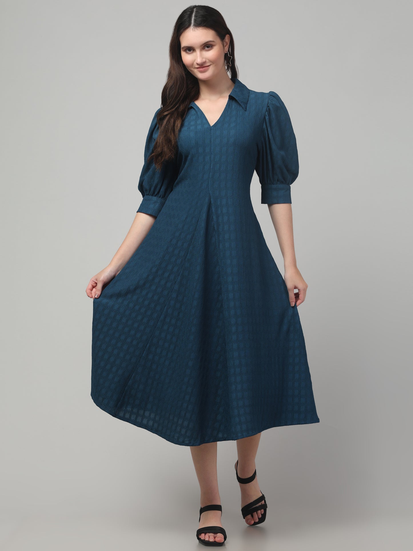 Blue Textured A Line Cute Dress For Womens