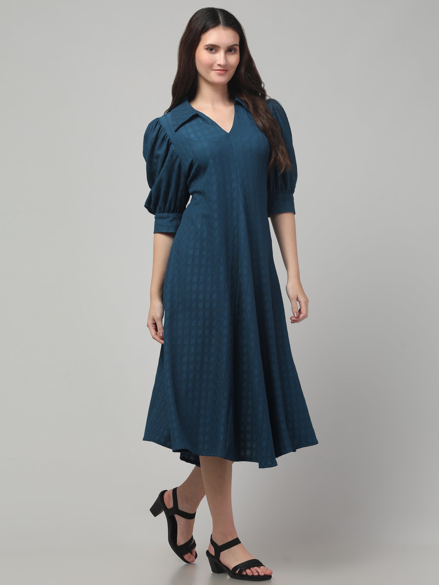 Blue Textured A Line Cute Dress For Womens