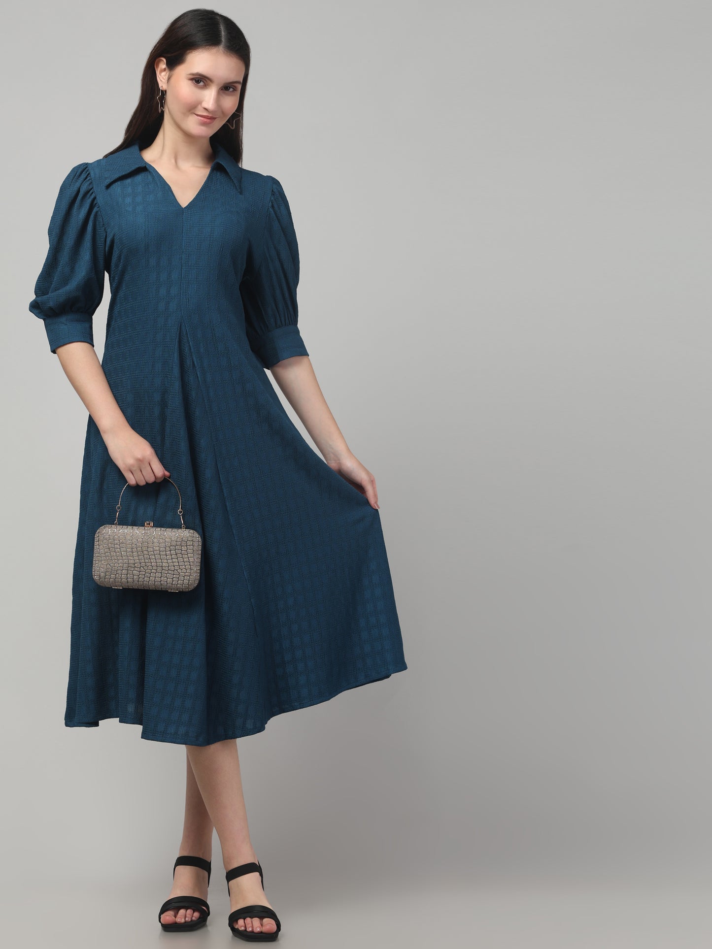 Blue Textured A Line Cute Dress For Womens