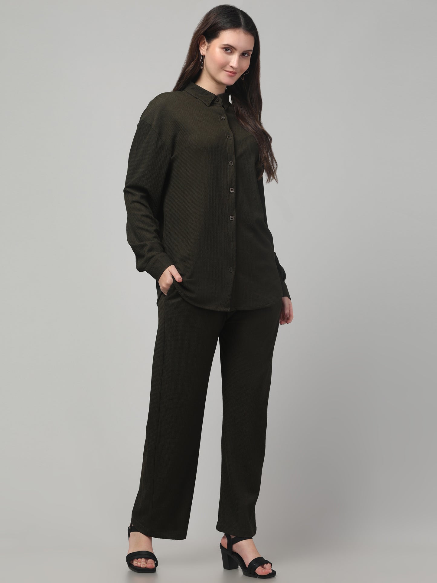 Olive Green Solid Co ord Set For Womens