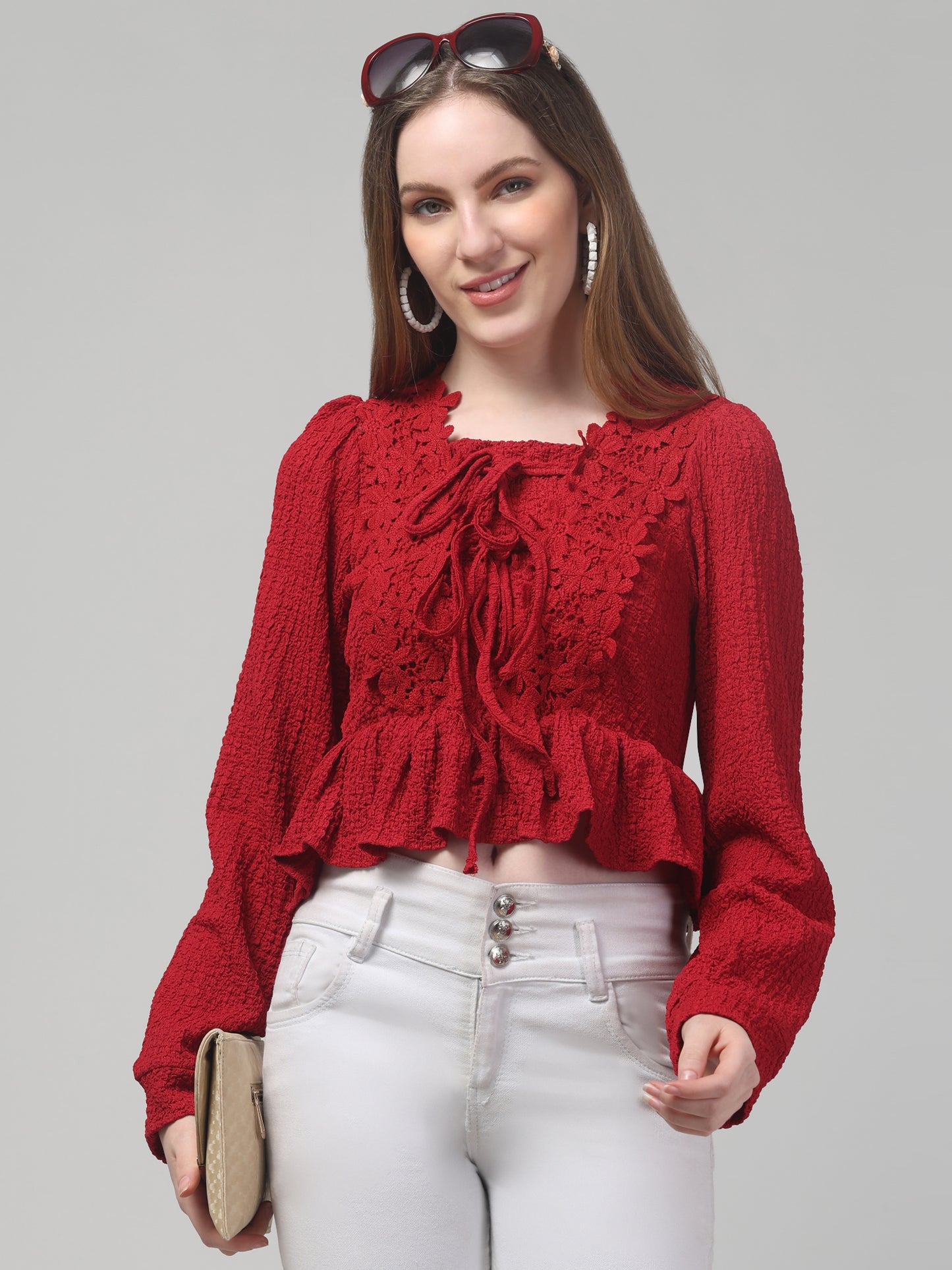 Red Party Wear Full Sleeve Top