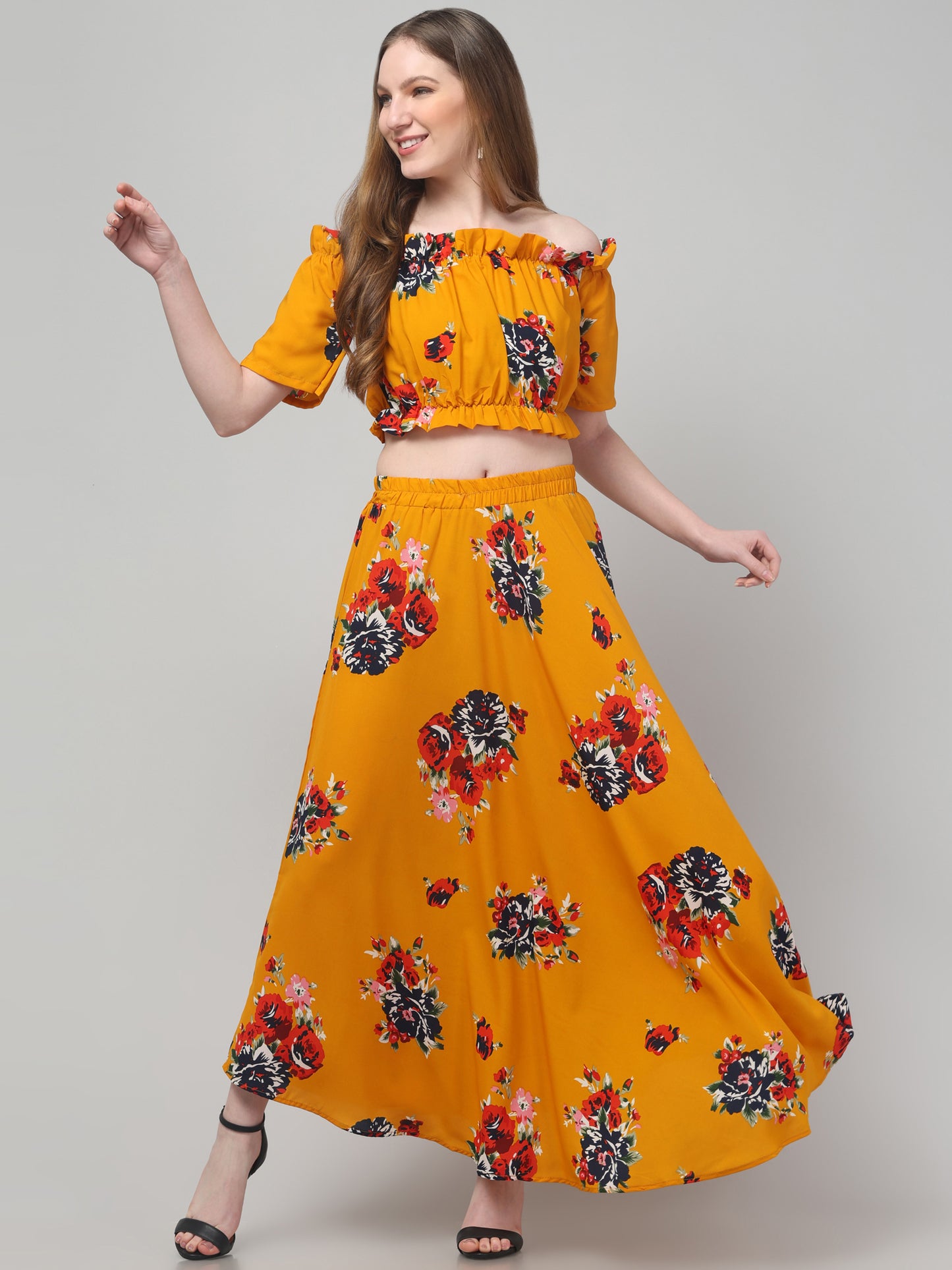 Printed Mustard Top & Skirt Set