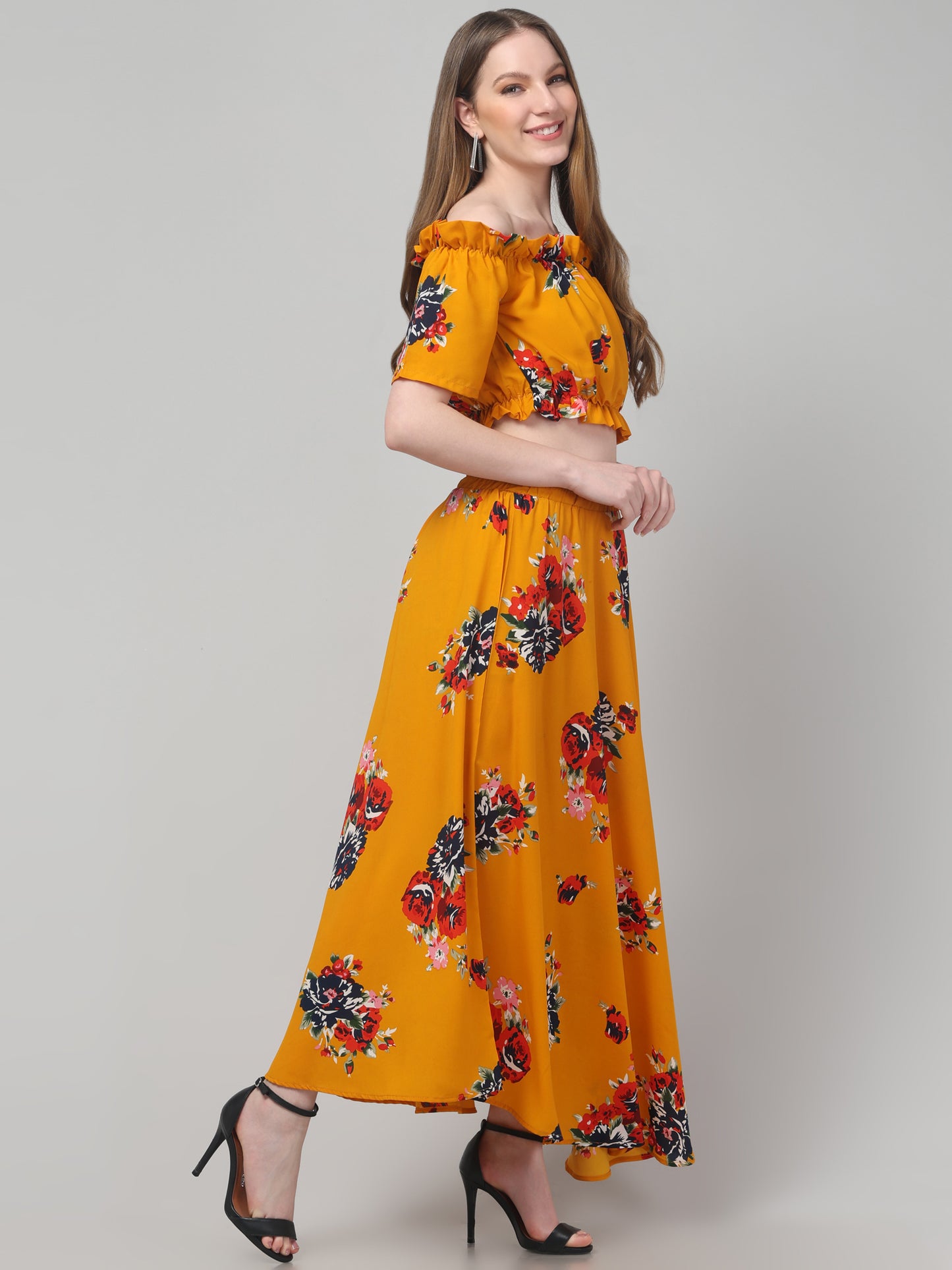 Printed Mustard Top & Skirt Set