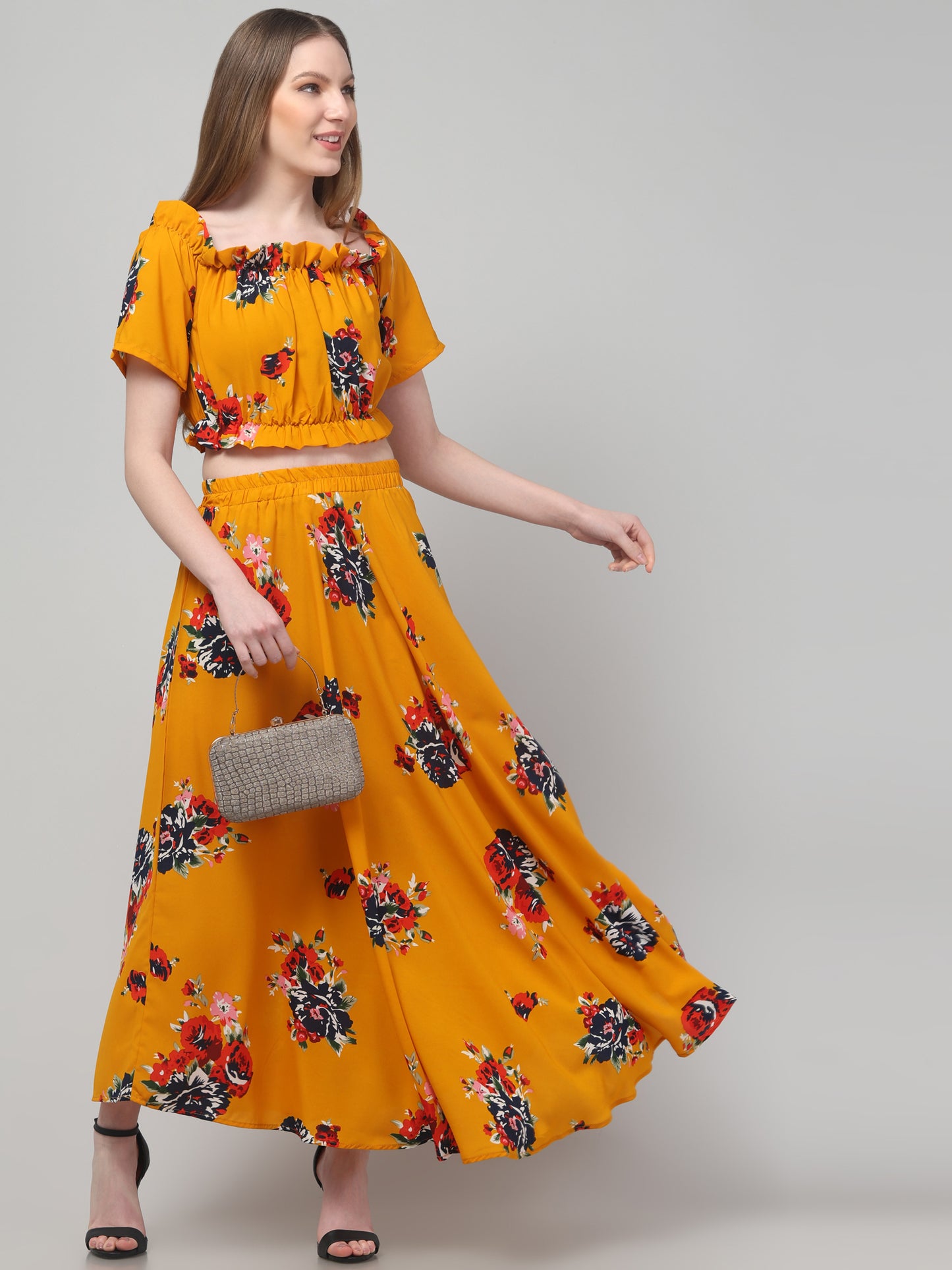 Printed Mustard Top & Skirt Set