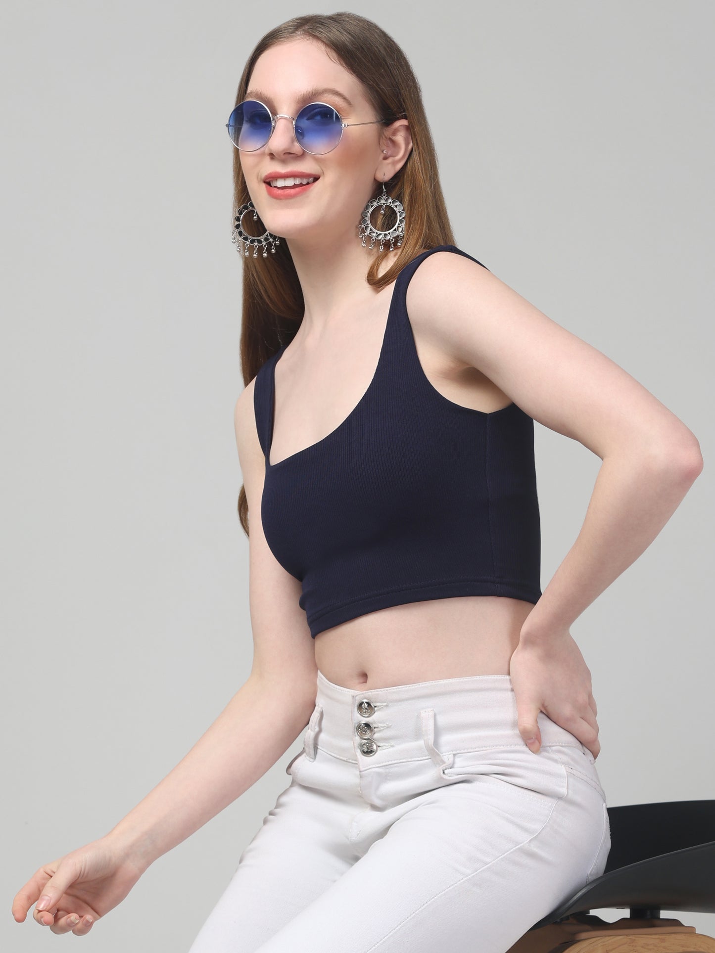 Blue Sleeveless Crop Top For Womens