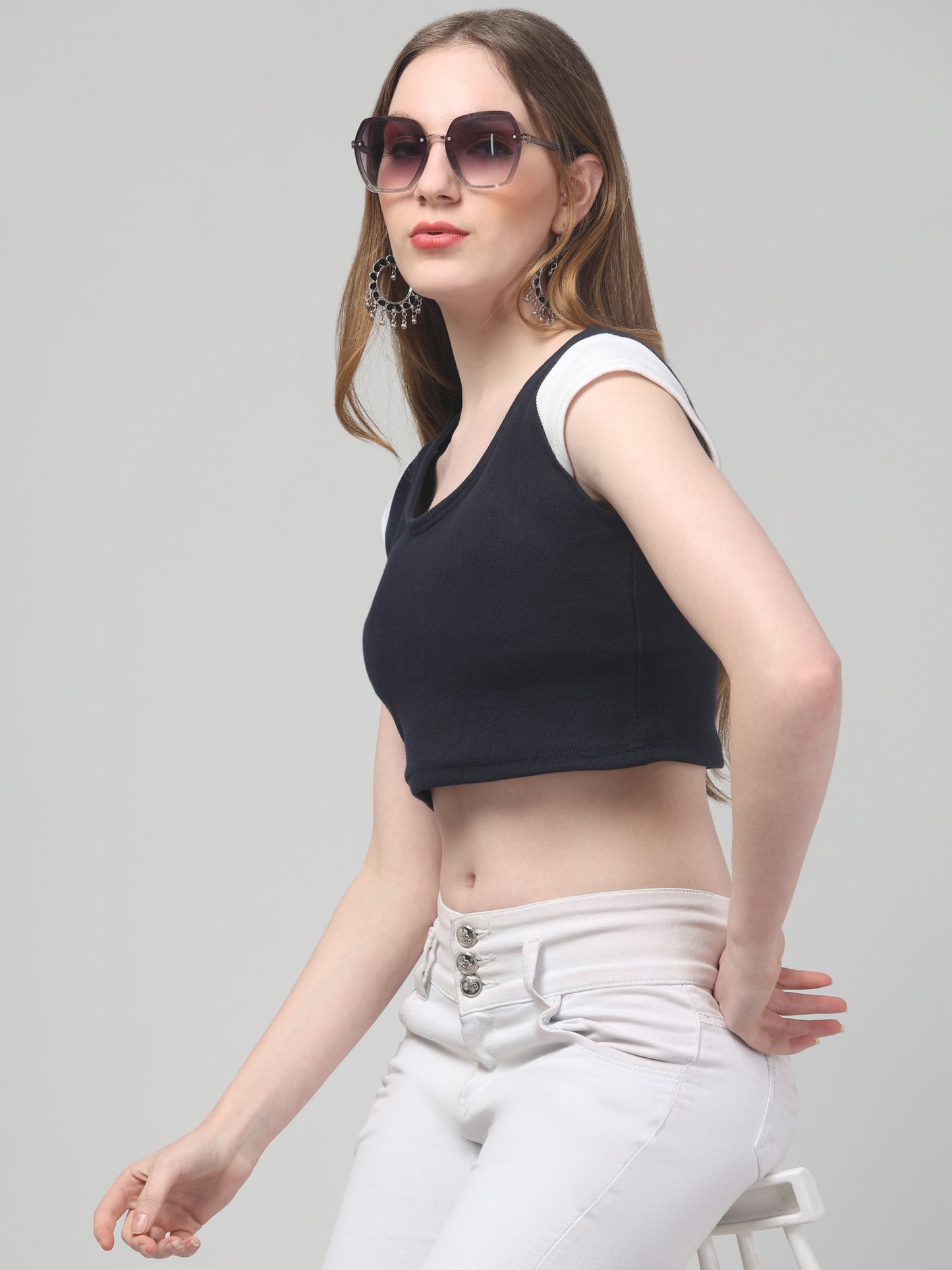 Blue Half Sleeve Crop Top For Womens