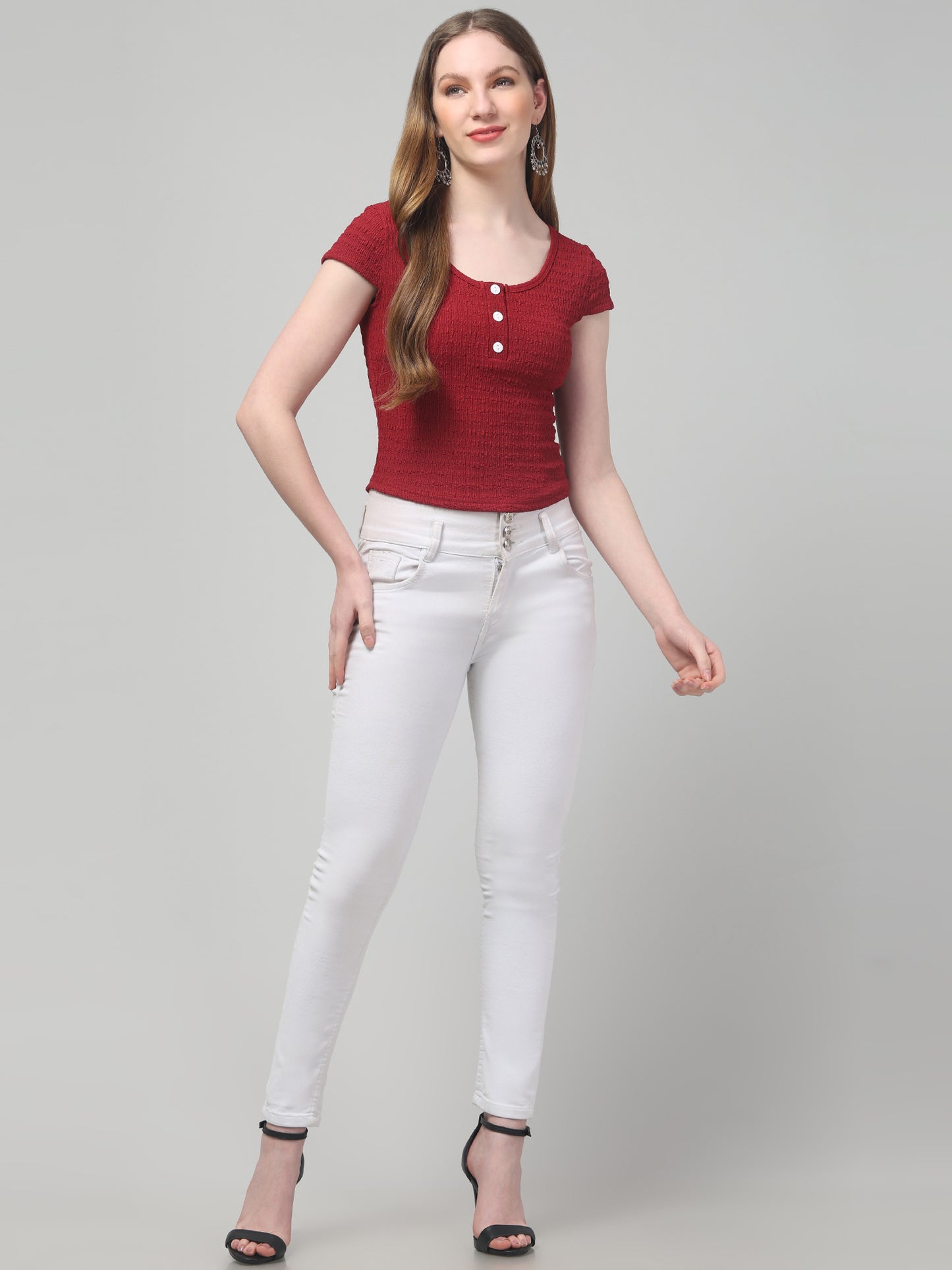 Red Round Neck Top For Womens
