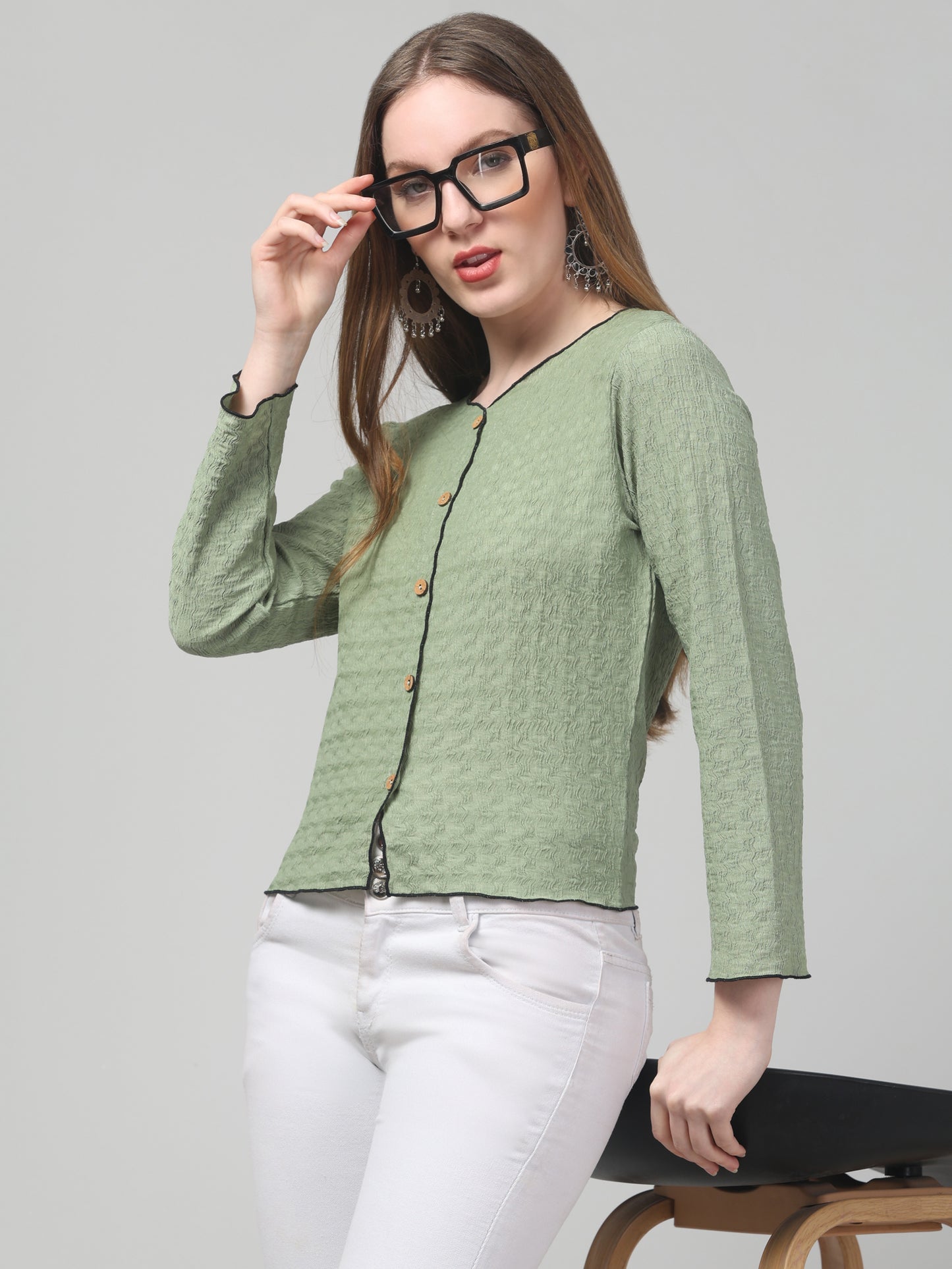 Olive Shirt Style Top For Womens