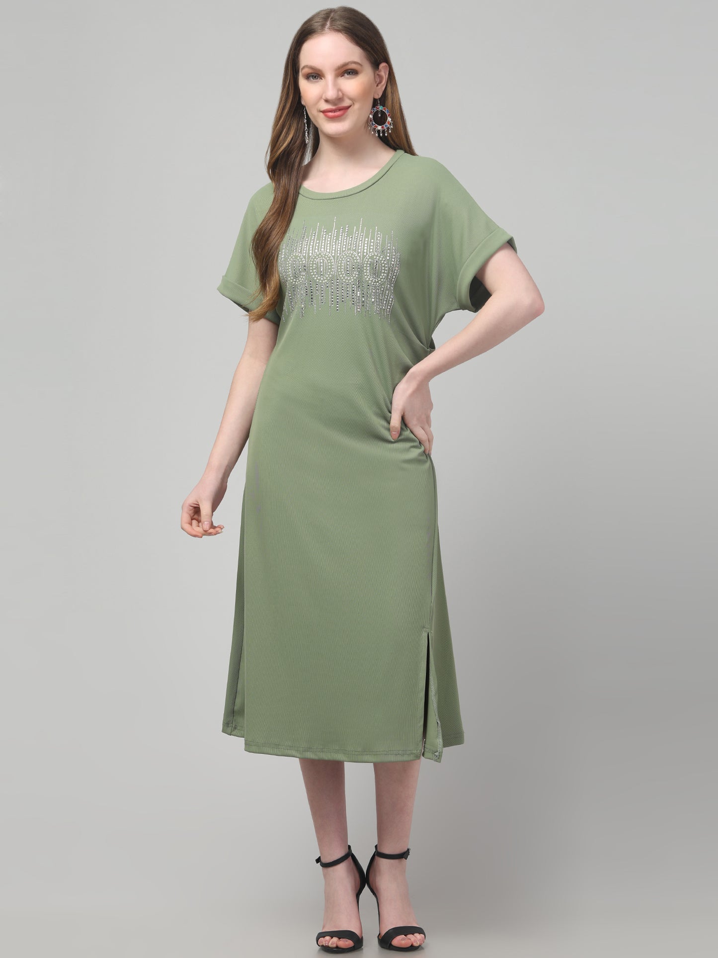 Olive Casual Midi Dress For Womens