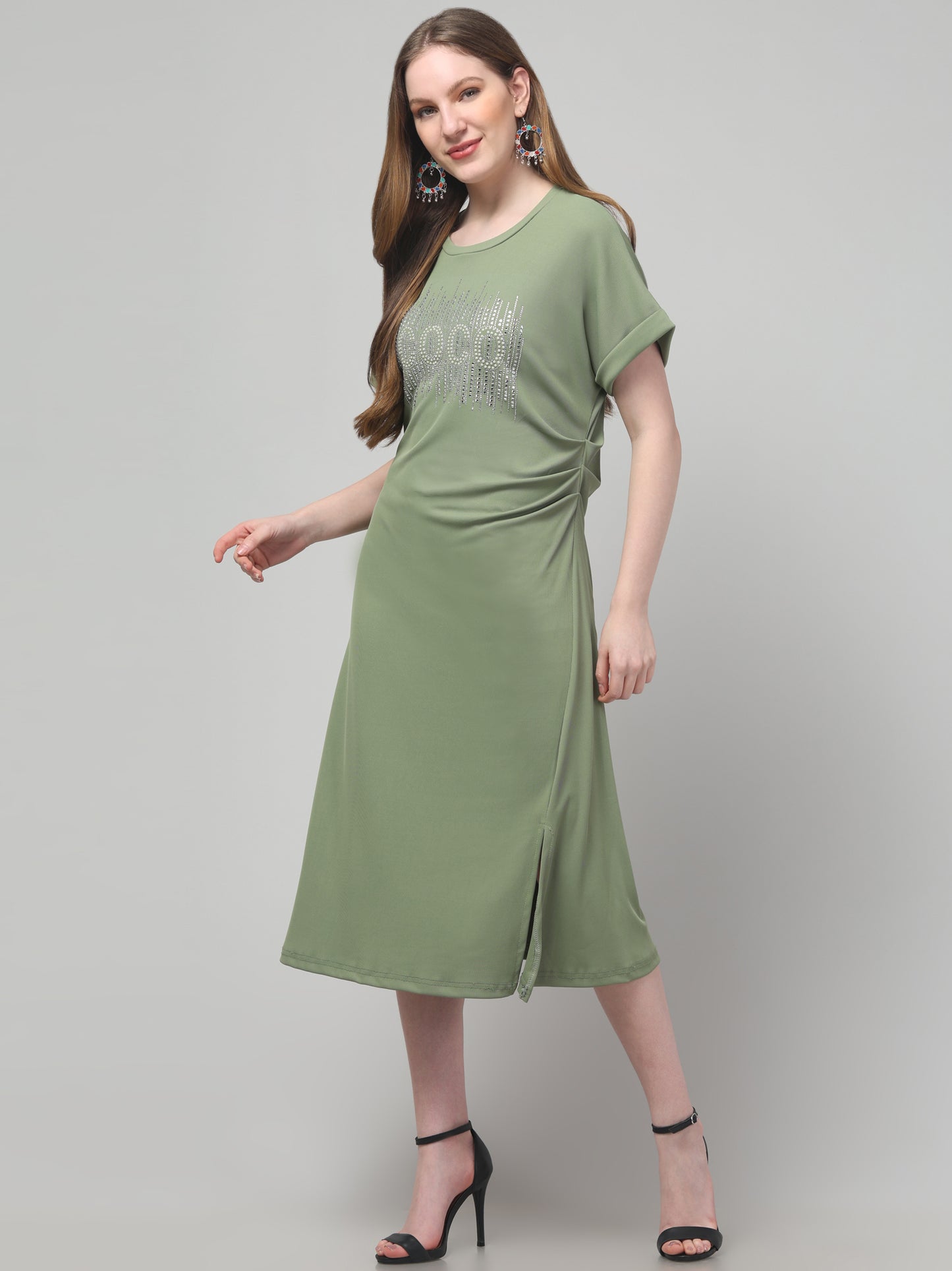 Olive Casual Midi Dress For Womens