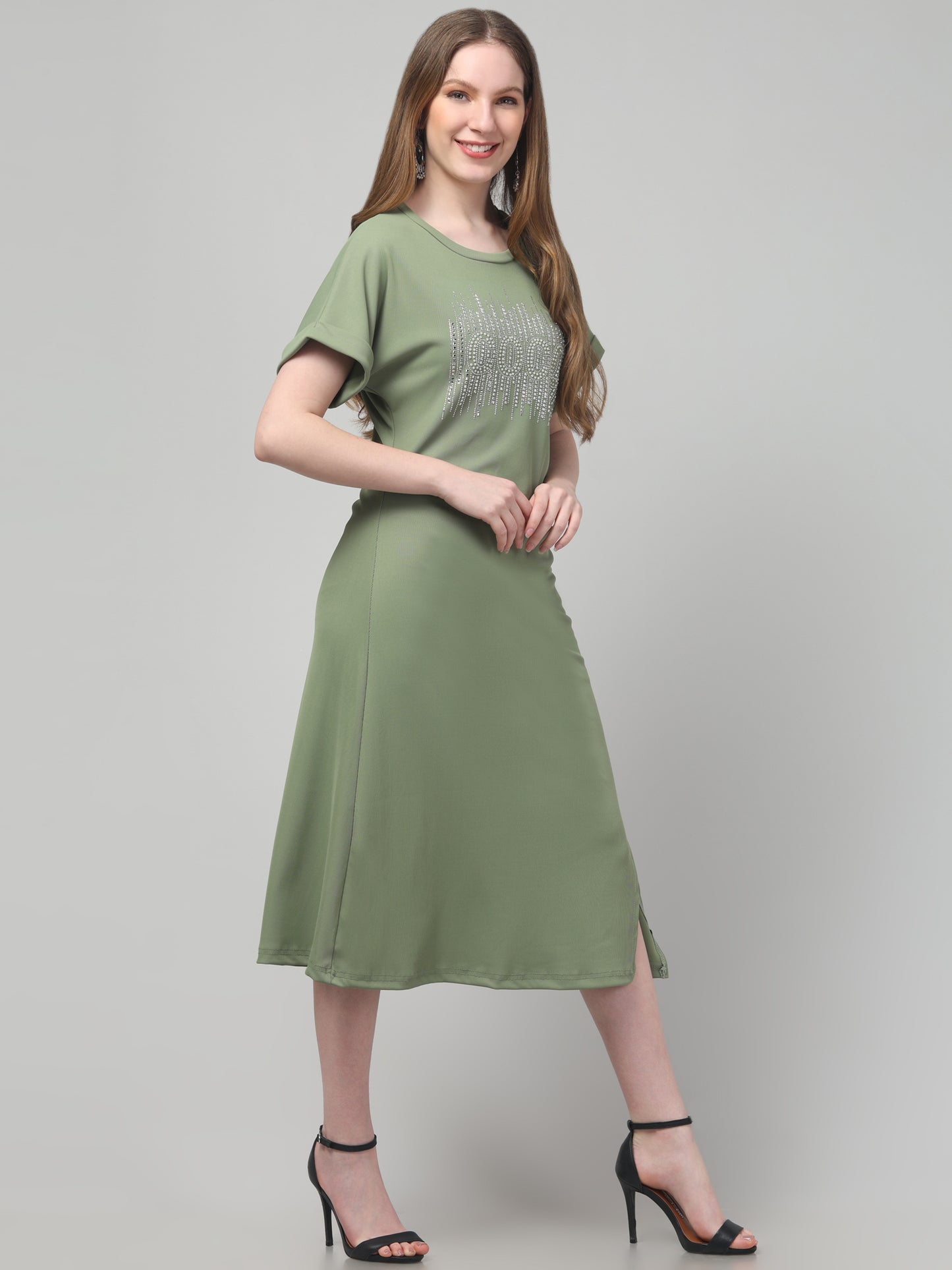Olive Casual Midi Dress For Womens