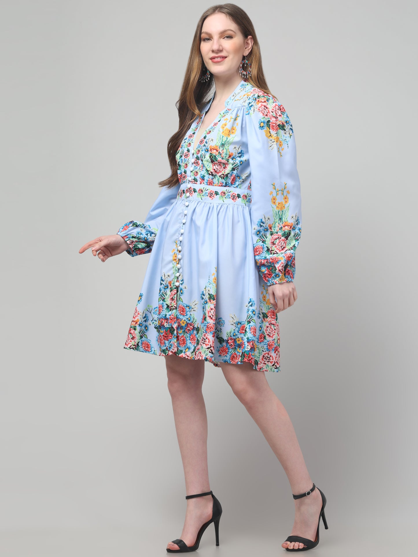 Sky-Blue Floral Dress For Women