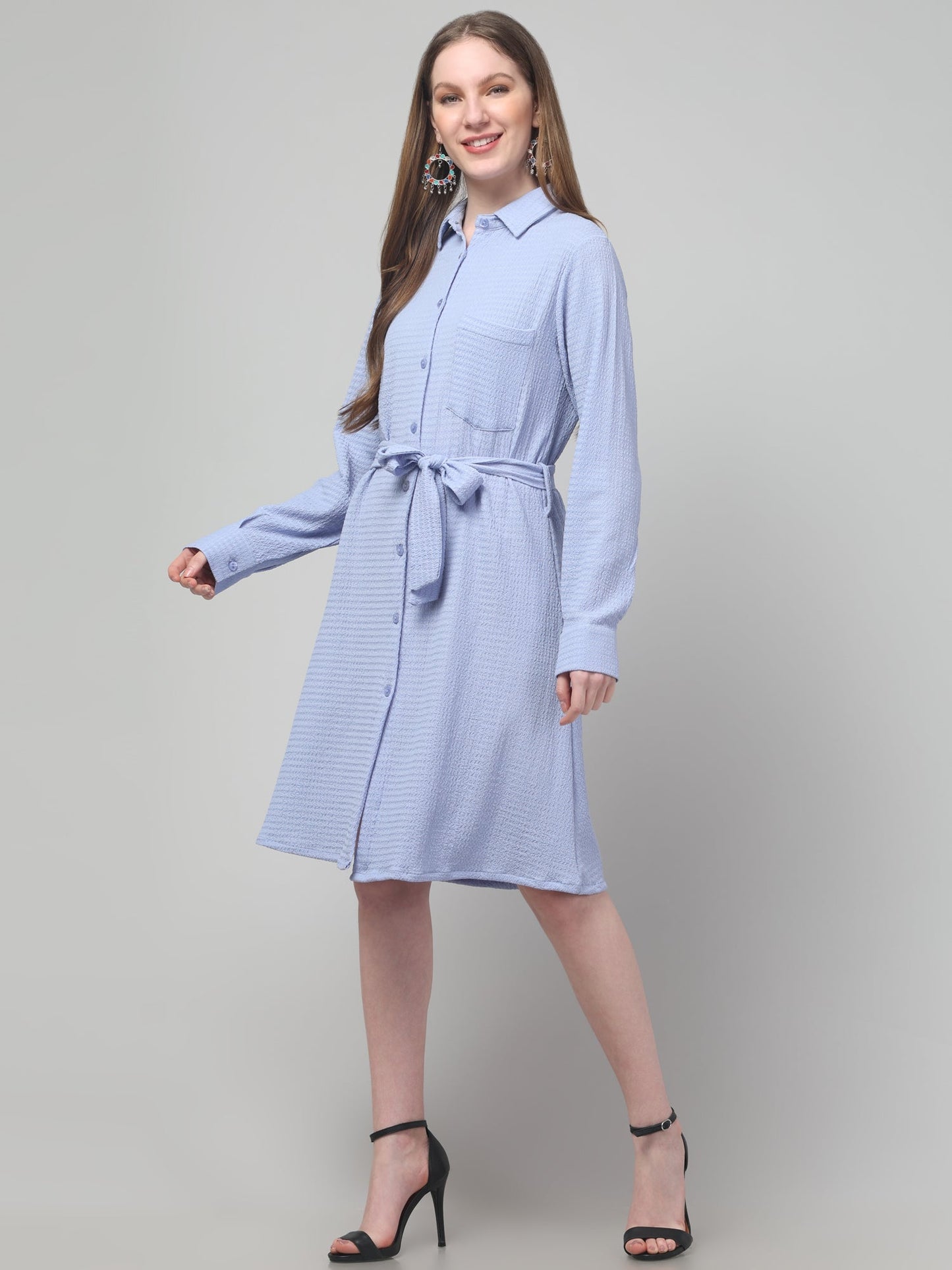 Sky Blue Shirt Style Midi Dress For Womens