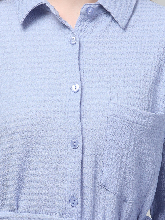 Sky Blue Shirt Style Midi Dress For Womens