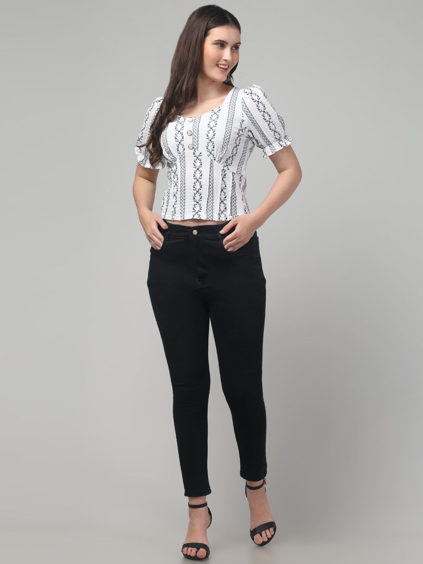 Womens White Half Sleeve Printed Top