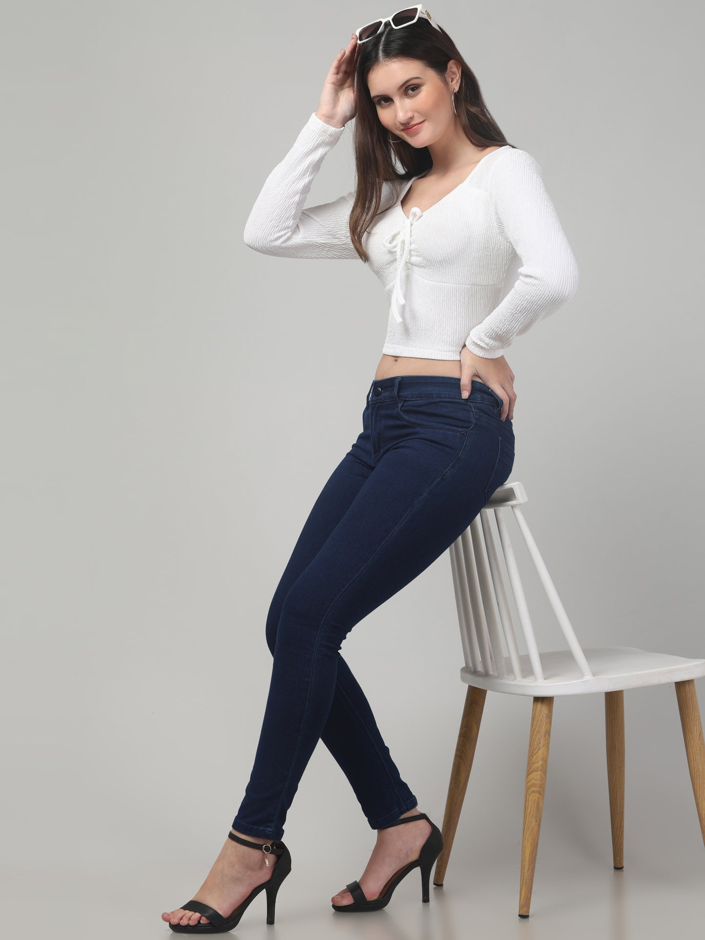 White Full Sleeves Crop Top For Women