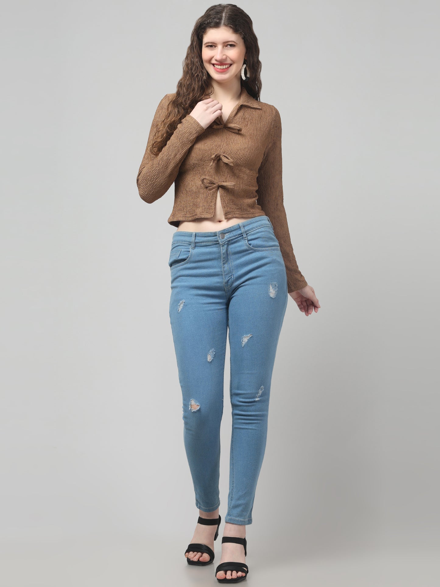 Brown Bow V Neck Top For Womens