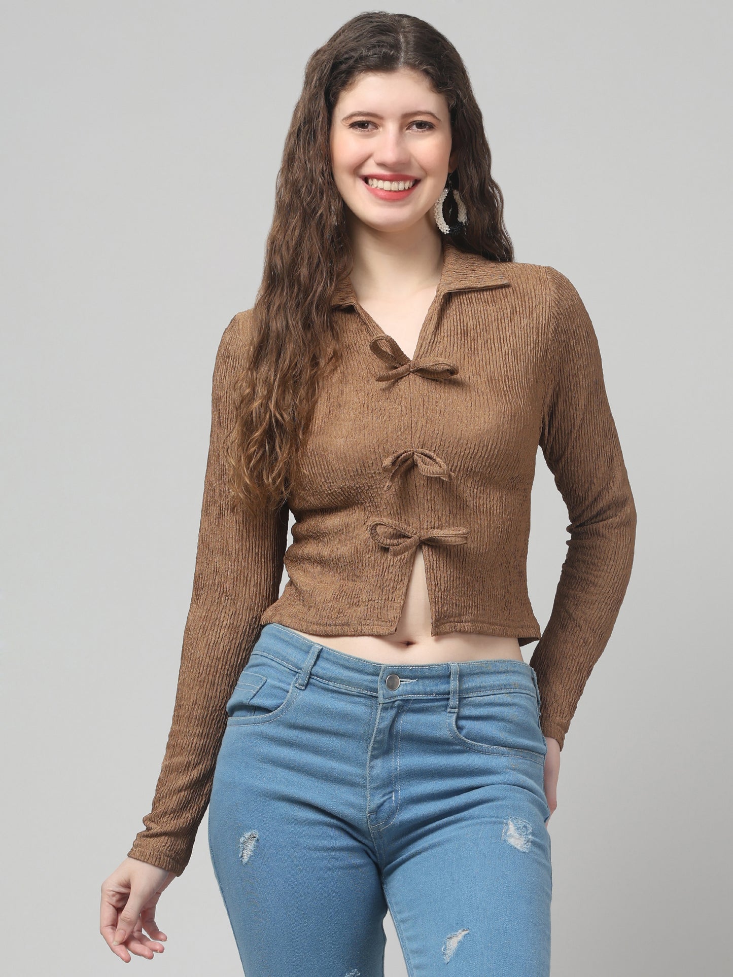 Brown Bow V Neck Top For Womens