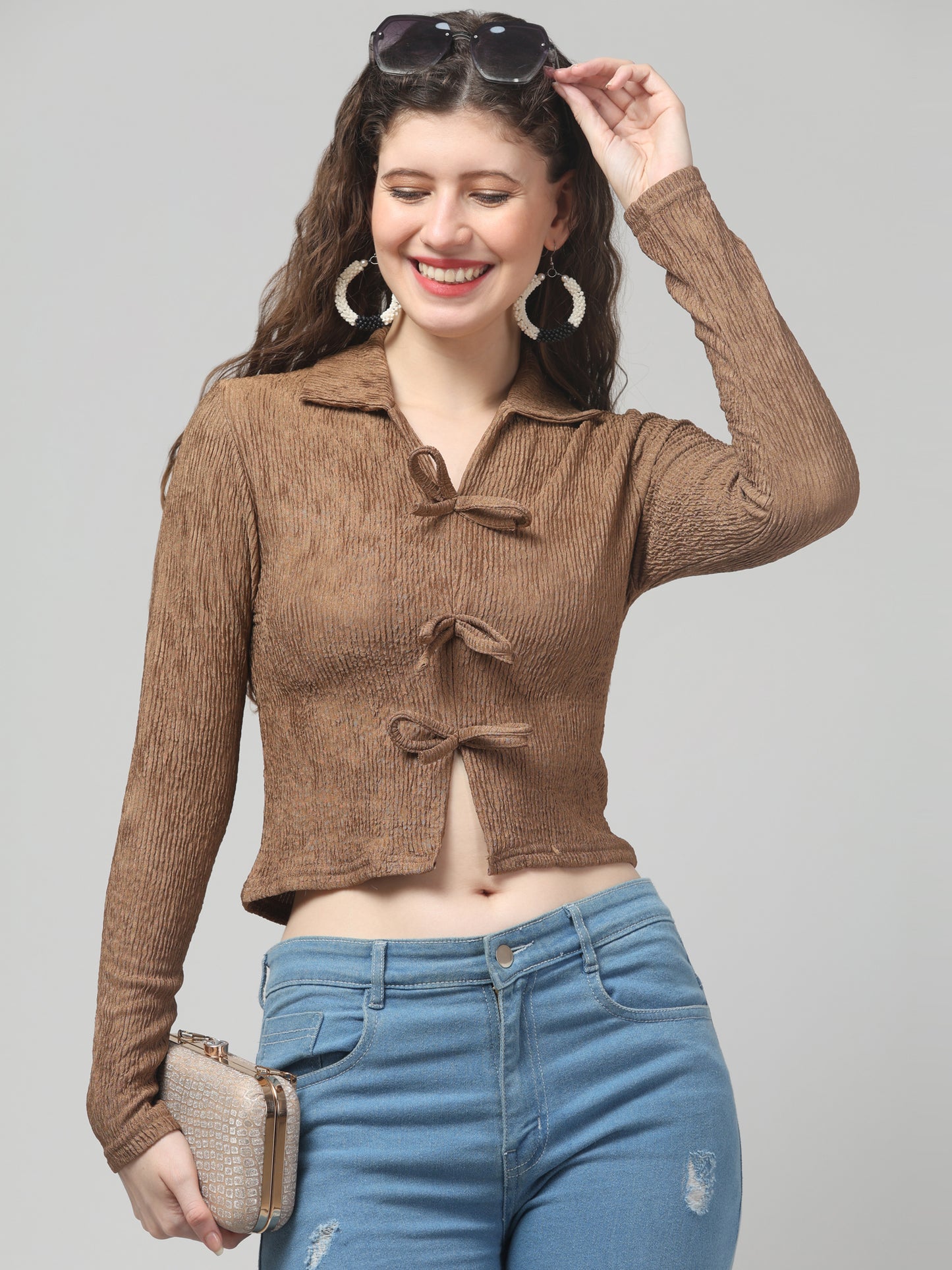 Brown Bow V Neck Top For Womens