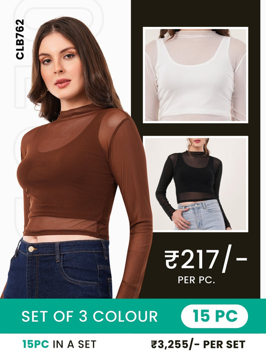 Clobulk Women Net Top (Set of 15Pc - 3 Colour)- ₹217/per pc