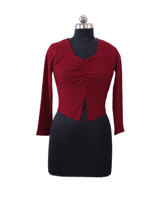 Maroon Ribbed Full Sleeve Top