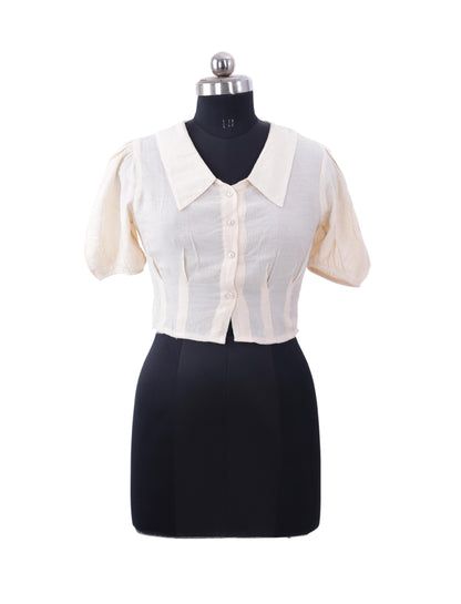 Cream Half Sleeve Crop Top For Womens