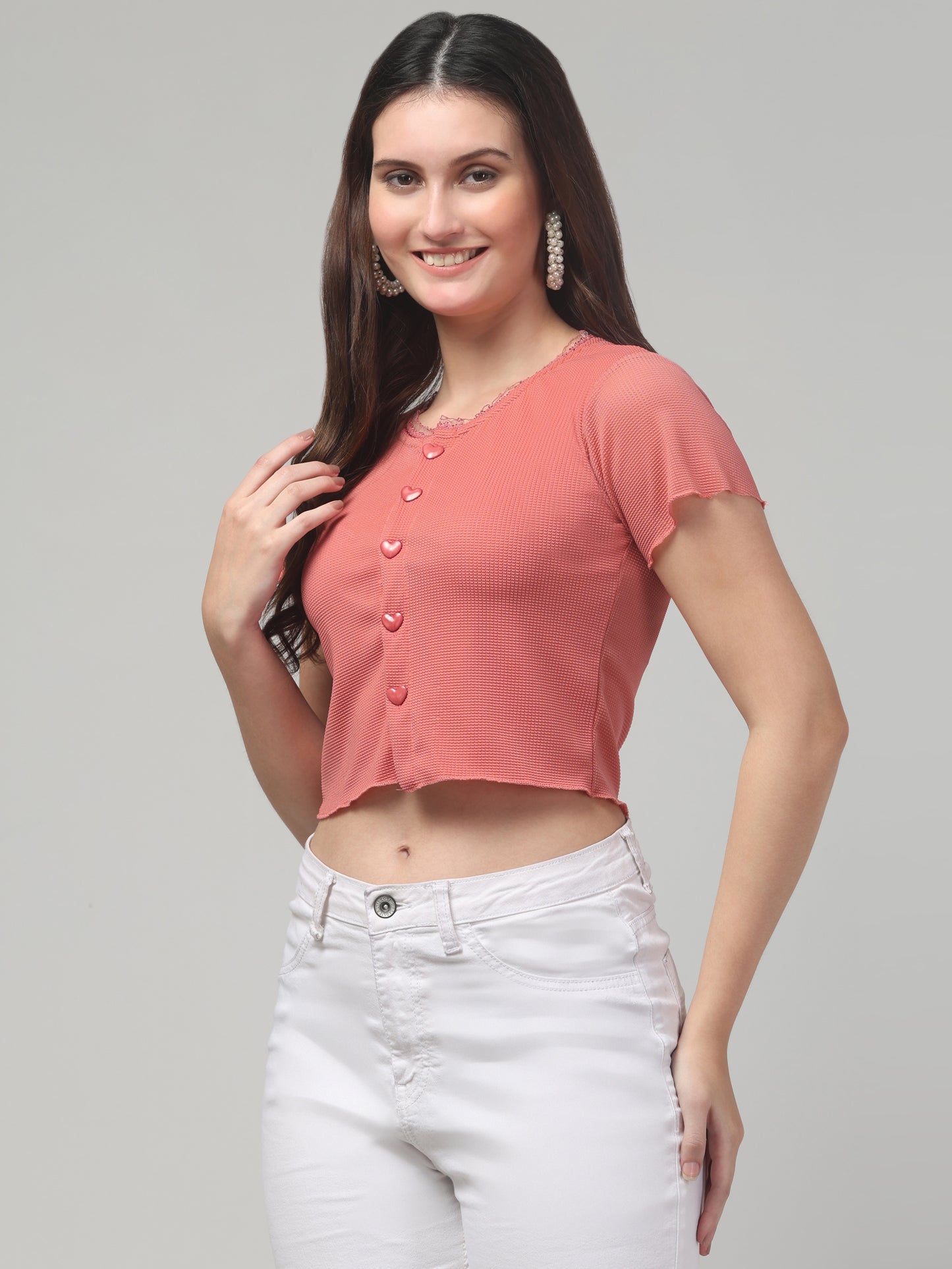 Pink Lace Crop Top For Womens
