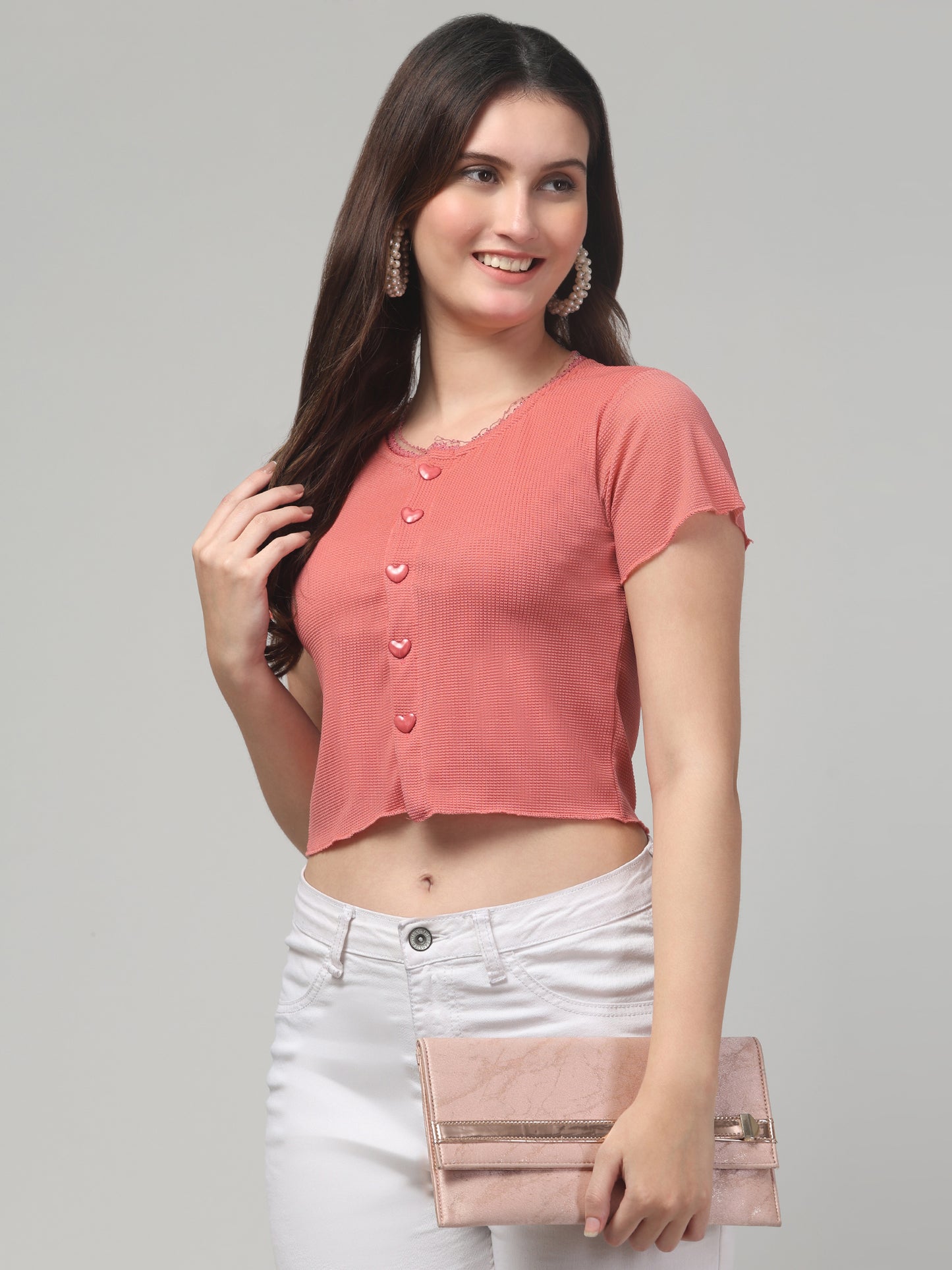 Pink Lace Crop Top For Womens