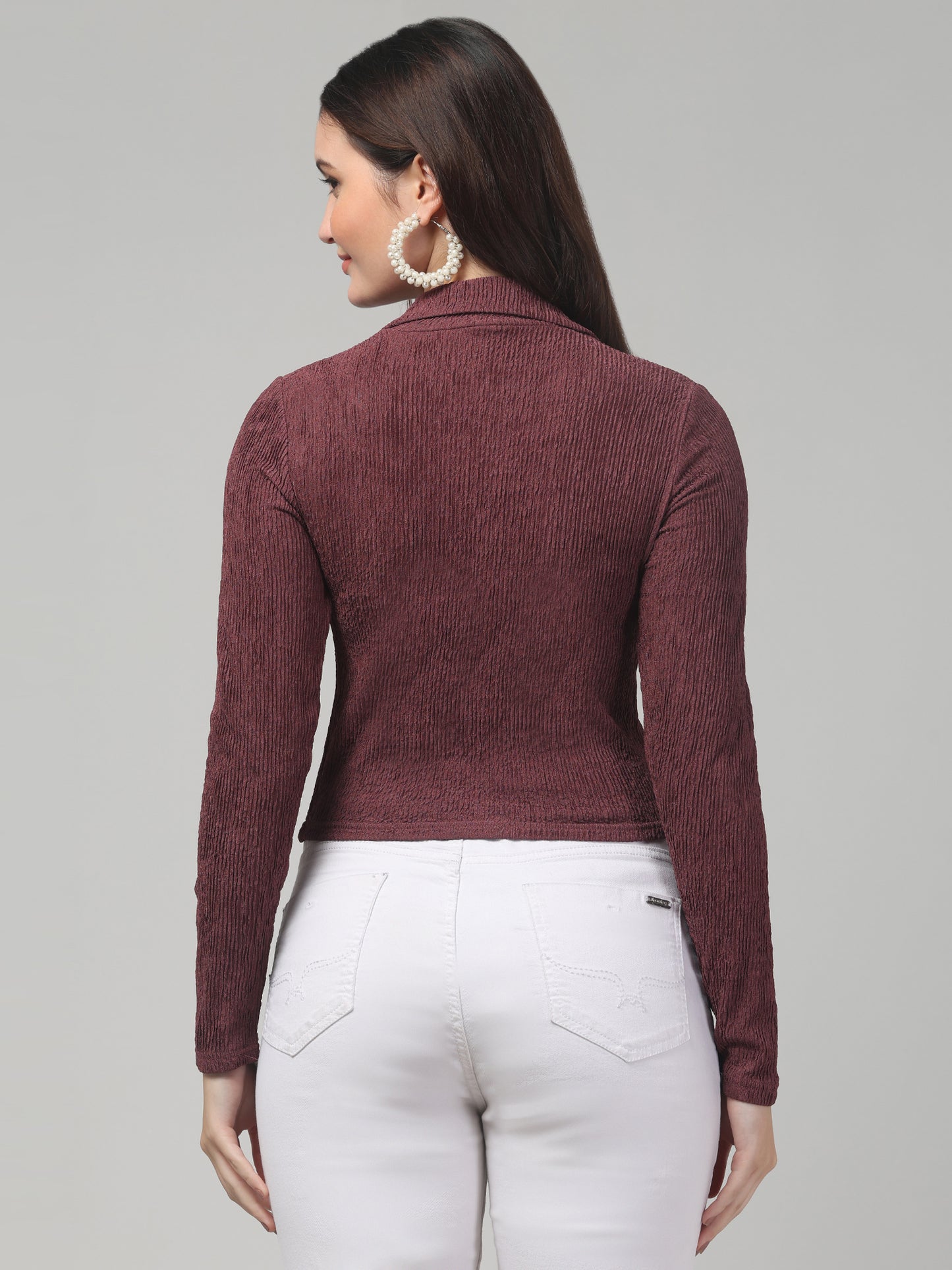 Maroon Bow V Neck Top For Womens
