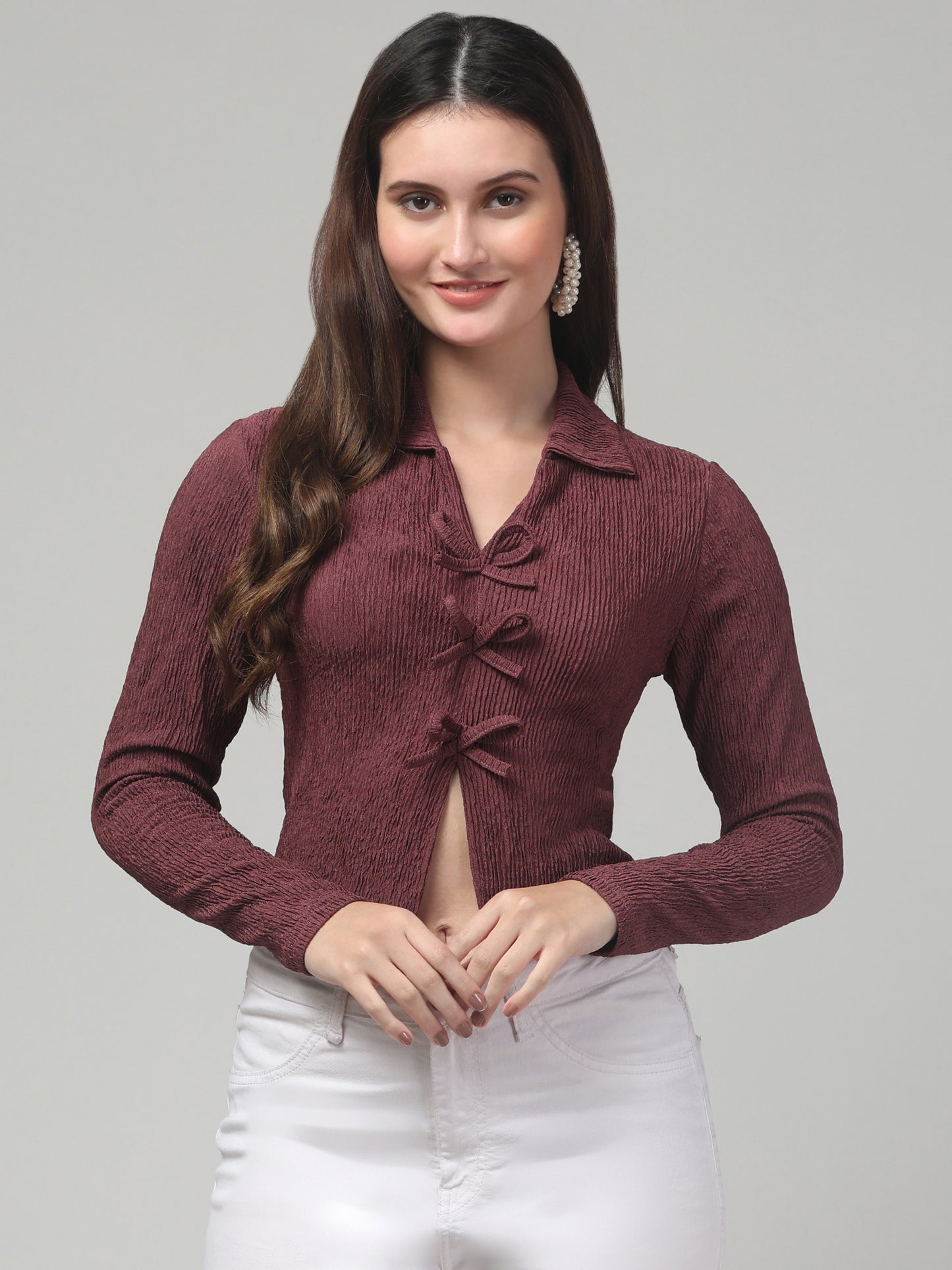 Maroon Bow V Neck Top For Womens