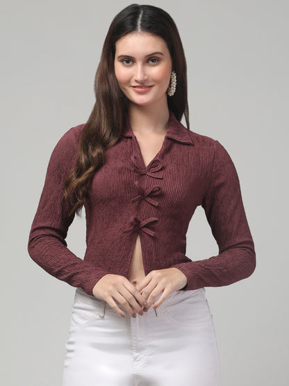 Maroon Bow V Neck Top For Womens