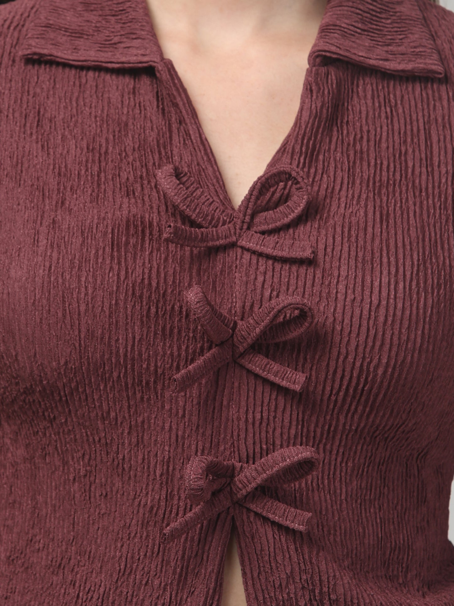 Maroon Bow V Neck Top For Womens