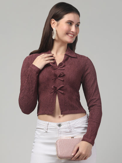 Maroon Bow V Neck Top For Womens