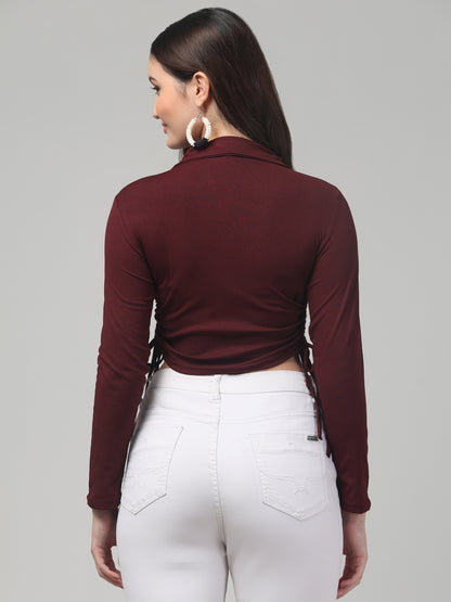 Maroon Solid Crop V Neck Top
